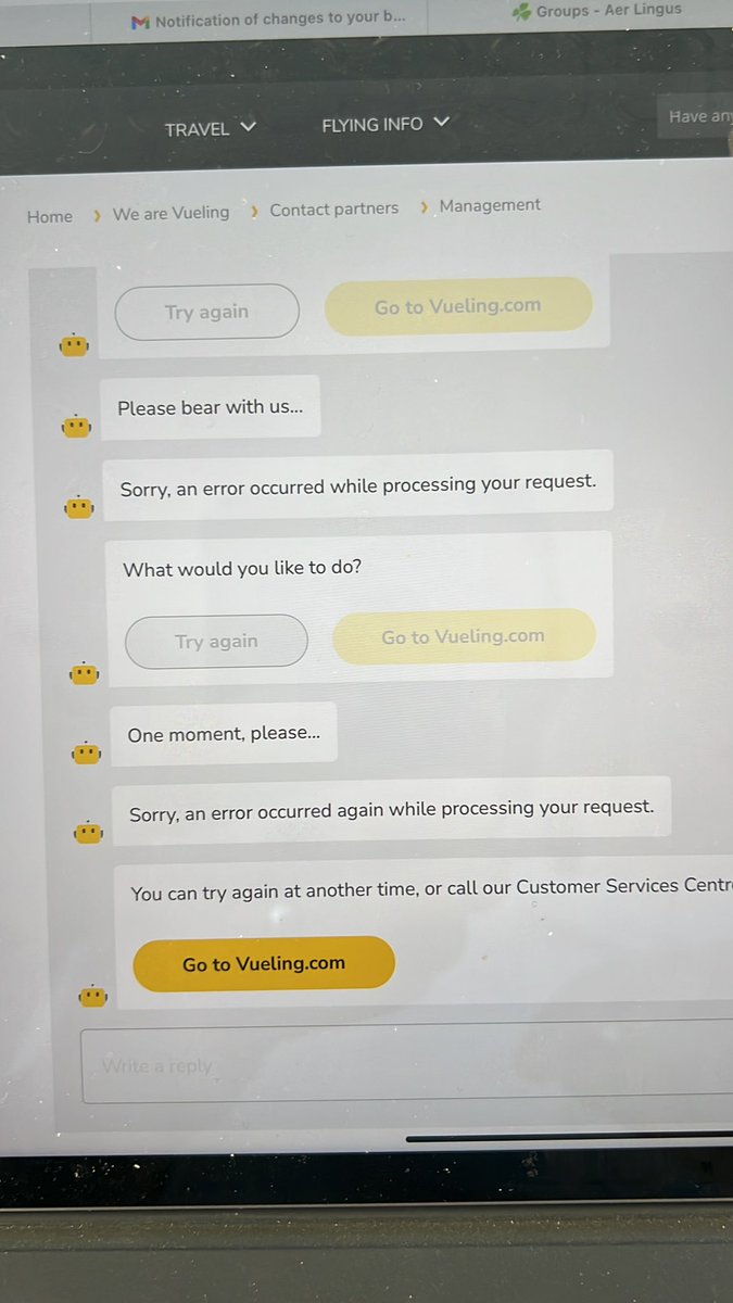 eelykcir's tweet photo. Despite a great website, the customer services experience of @vueling is utterly abysmal.  When things go wrong it’s good to speak to an actual person rather than their automated services. Which don’t always work.  Really disappointed with this airline! #annoyed https://t.co/sMLTba8KDX
