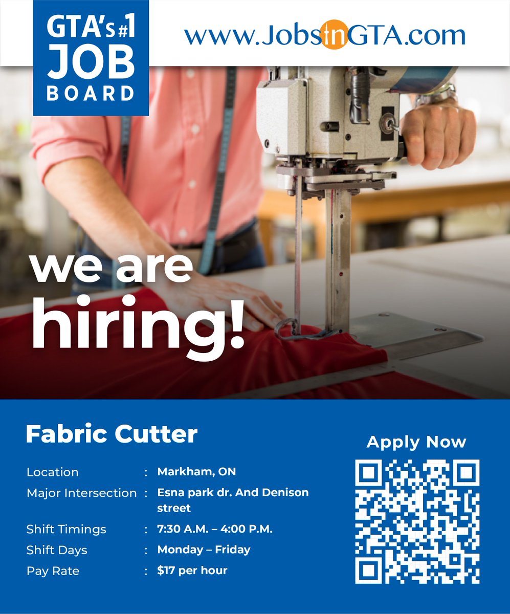JobsInGTA1's tweet photo. We are Hiring: Fabric Cutter

Apply: https://t.co/Pil1vUzslA

Candidates Sign up: https://t.co/VTqBkgSNTh

#JobsInGTA #Vacancy #ApplyNow #HiringNow #HiringAlert #HR #Cutter #Fabric #General #Labour #Hiring #Motivation #Brampton #GTA #Canada https://t.co/yyZNftxT3b