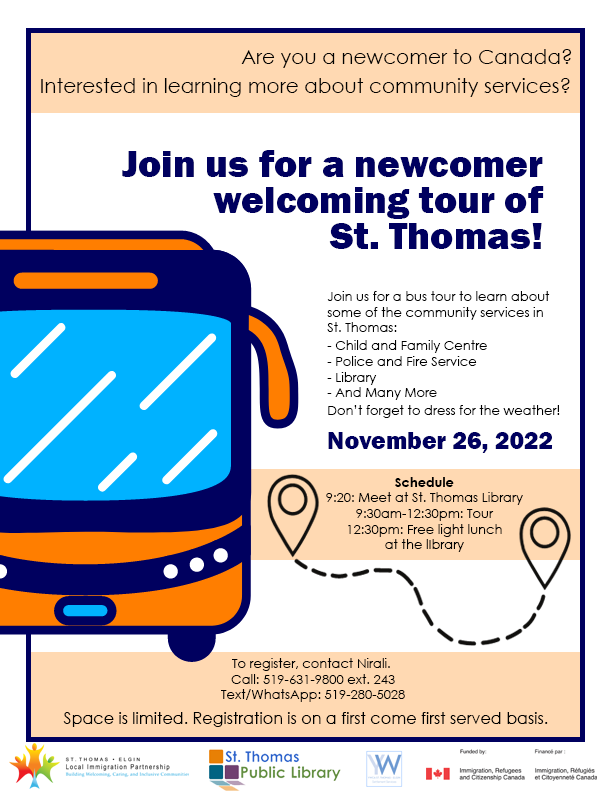 St.Thomas Elgin Local Immigration Partnership (@thestelip) on Twitter photo Are you a newcomer to Canada? Join us November 26 for a bus tour to learn more about services in the area including <a href="/STPSmedia/">St. Thomas Police</a>, <a href="/StThomasFire/">St. Thomas Fire</a>, @stpl_library & EarlyON child and family centre. Contact Nirali to register: 519-631-9800 ext. 243 (call) or 519-280-5028 (text/WhatsApp) Are you a newcomer to Canada? Join us November 26 for a bus tour to learn more about services in the area including <a href="/STPSmedia/">St. Thomas Police</a>, <a href="/StThomasFire/">St. Thomas Fire</a>, @stpl_library & EarlyON child and family centre. Contact Nirali to register: 519-631-9800 ext. 243 (call) or 519-280-5028 (text/WhatsApp)