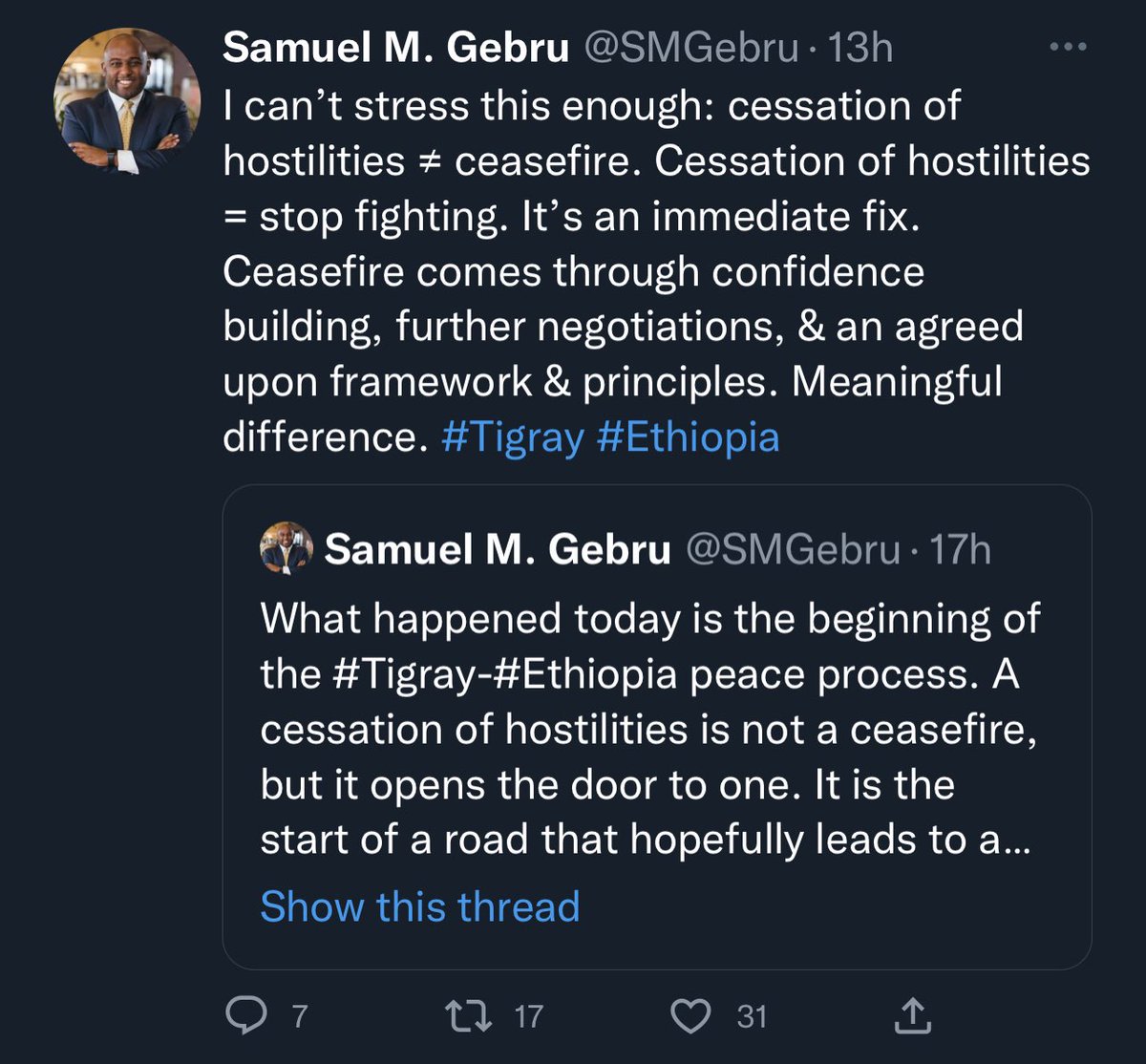 erijigna's tweet photo. Clearly @SMGebru must be pulling the #TPLF strings with his latest tweets. Seems like clear #provocation and #propaganda imho. @UN @_AfricanUnion @WHO what do you think? #DisarmTPLF #DisarmTDF #TPLFisTheCause #TPLFMustGo #NoMore #EritreaPrevails #EthiopiaPrevails https://t.co/5NnsalNVIe