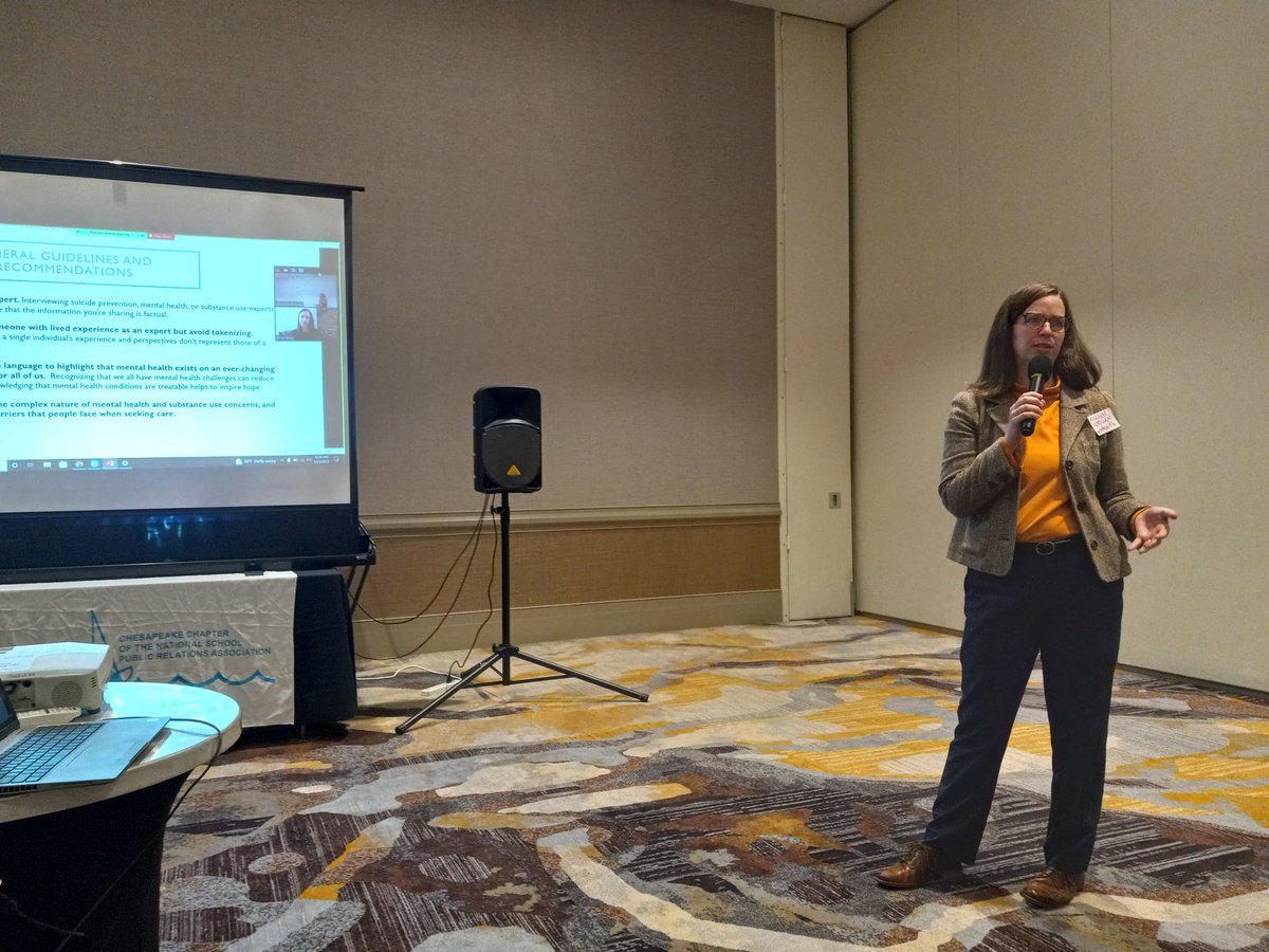 CvilleSchools's tweet photo. Proud of Amanda Korman, sharing about responsible messaging about mental wellness with #schoolPR colleagues at @TeamCHESPRA.  Excellent, helpful, and sensitive work! @NSPRA @royalgurley @mandface https://t.co/CZrAOHgzt1