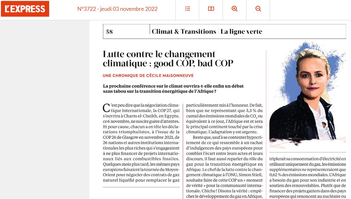 "Good COP, bad COP" : à trois jours de la COP 27, ma chronique dans <a href="/LEXPRESS/">L'Express</a> sur la négociation climatique internationale et la transition en Afrique. En résumé, l'Afrique a besoin d'investissements dans les renouvelables ET le gaz pour son développement et sa croissance.