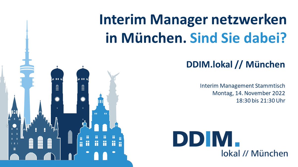 #Event: 𝗗𝗗𝗜𝗠.𝗹𝗼𝗸𝗮𝗹 // 𝐌ü𝐧𝐜𝐡𝐞𝐧 | 14.11.22 | 18:30 bis 21:30 Uhr | #Stammtisch | 𝗗𝗗𝗜𝗠 𝗠𝗶𝘁𝗴𝗹𝗶𝗲𝗱𝘀𝗰𝗵𝗮𝗳𝘁 𝗻𝗶𝗰𝗵𝘁 𝗲𝗿𝗳𝗼𝗿𝗱𝗲𝗿𝗹𝗶𝗰𝗵. Jeder ist herzlich willkommen: bit.ly/3T1NbUk #DDIM #InterimManagement #InterimManager #DDIMlokal