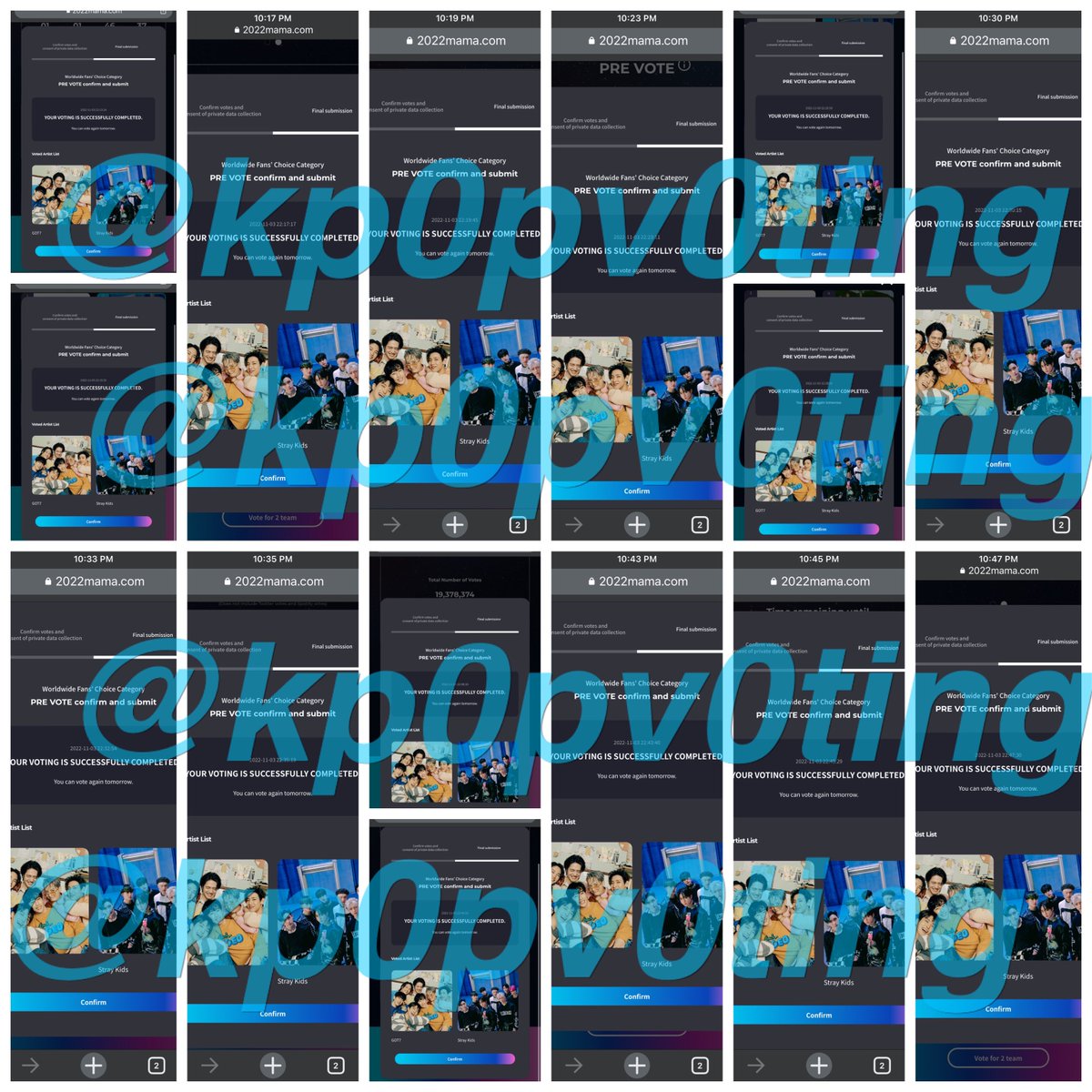 🏆 CONGRATS TO #GOT7 #STRAYKIDS 🏆
✅ AT LEAST 15 PROOFS GIVEN IN THE POLL 🎉

✅ PROOF OF VOTING ✅ 
🗳 30 PRE-VOTES 
#MAMAVOTE #MAMA2022

The invalid code is due to late confirming of capcha but we check and the confirmation of the acc vote is okay 🙇‍♀️