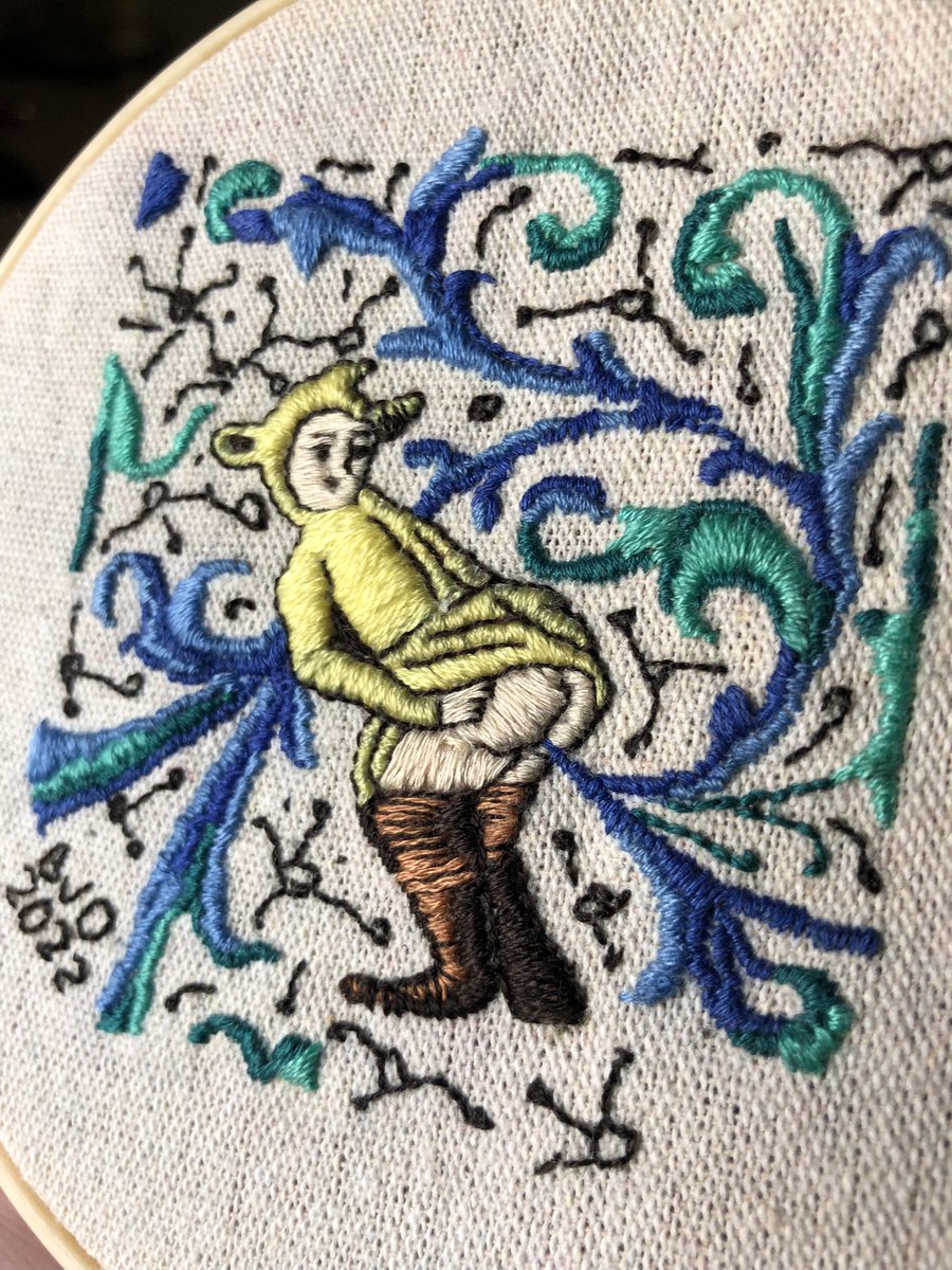 It’s complete. I love it. All hail the cheeky 14th century farter! #embroiderersofinstagram #embroideryart #medievalart #cottagecore #goblincore #fartart #endoscopy #colonoscopy #poopjokes #iFartInYourGeneralDirection #quarembroidery