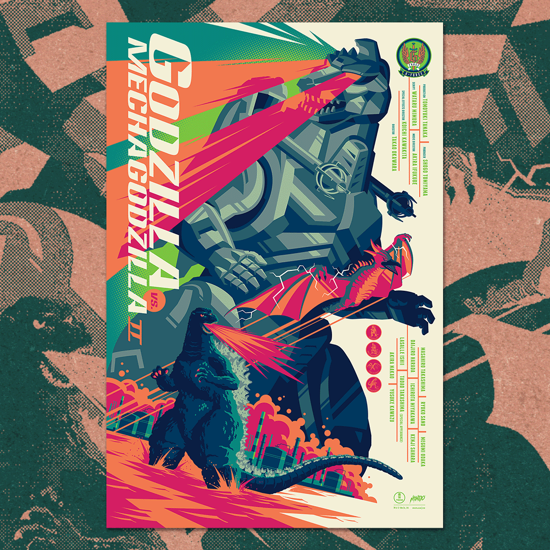MondoNews's tweet photo. Our first releases for #GodzillaDay are these three gorgeous new posters:

- GODZILLA VS. MECHAGODZILLA (Regular) by @OliverBarrett

- GODZILLA VS. MECHAGODZILLA II (Regular + Variant) by @strongstufftom 

ON SALE AT 11AM CT, only on The Drop: https://t.co/svyxbSK4zv https://t.co/SleJ8qCIpb