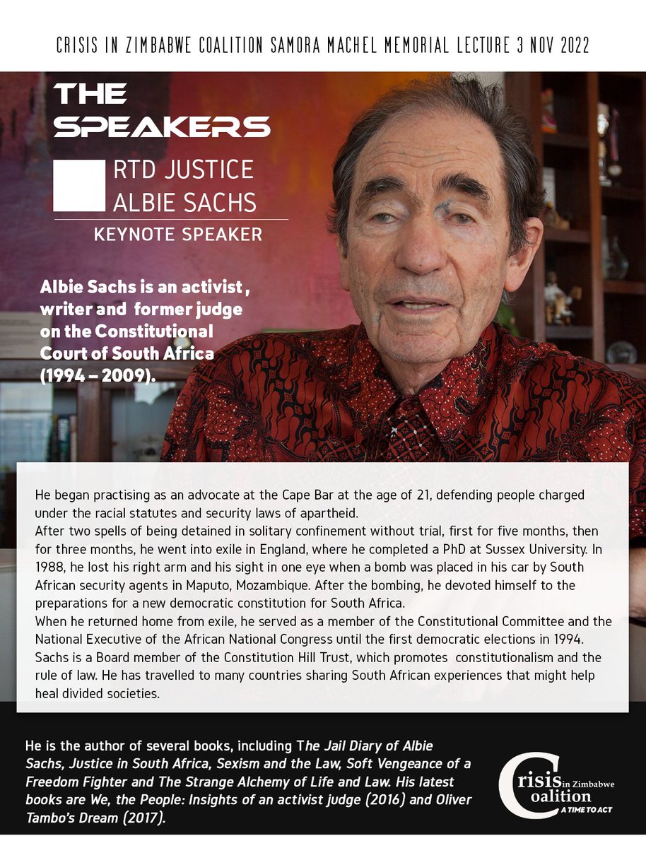 zicomoZW's tweet photo. #SamoraMachel36 Memorial Lecture
#Zoom details:
https://t.co/7cGJa21zFd
Meeting ID: 835 7051 2252
Passcode: 860146
Keynote Speaker, Albie Sachs, is an activist, writer & former judge on the Constitutional Court of South Africa.
@susansachs
@G_MachelTrust
@JosinaZMachel https://t.co/BynVgbmzp1