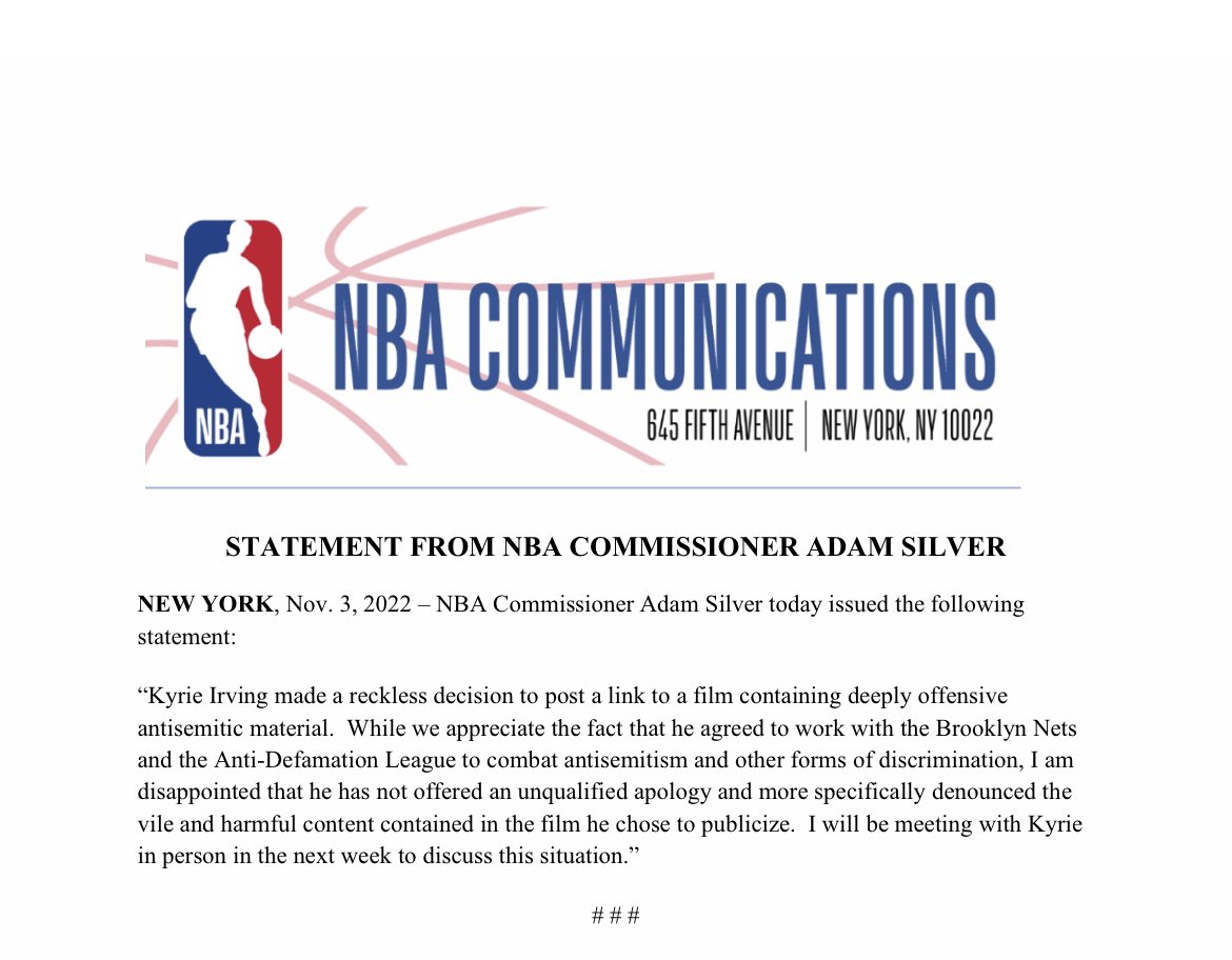 NBAPR's tweet photo. The following was released by the NBA. https://t.co/iD3GkJvekR