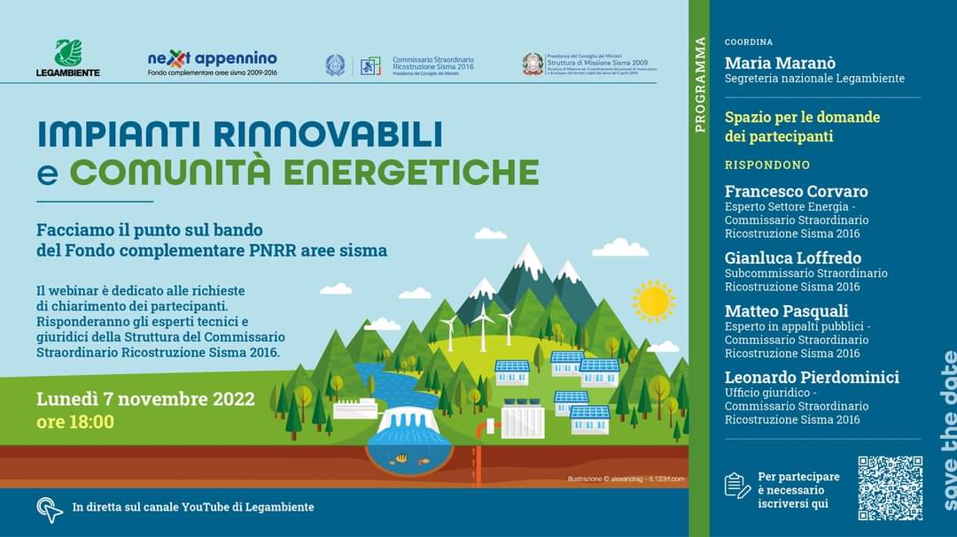 ComRinnovabili's tweet photo. ❗️ SAVE THE DATE❗️
🟢Info e chiarimenti sul Bando #comunitàenergetiche e #rinnovabili, destinato alle aree colpite dal #sisma.
Segui il webinar di @Legambiente,  7 novembre alle 18 su YouTube di Legambiente
Iscriviti e partecipa 👉 https://t.co/10AHFd4tqh
#nextappennino https://t.co/E6Vonm38N3