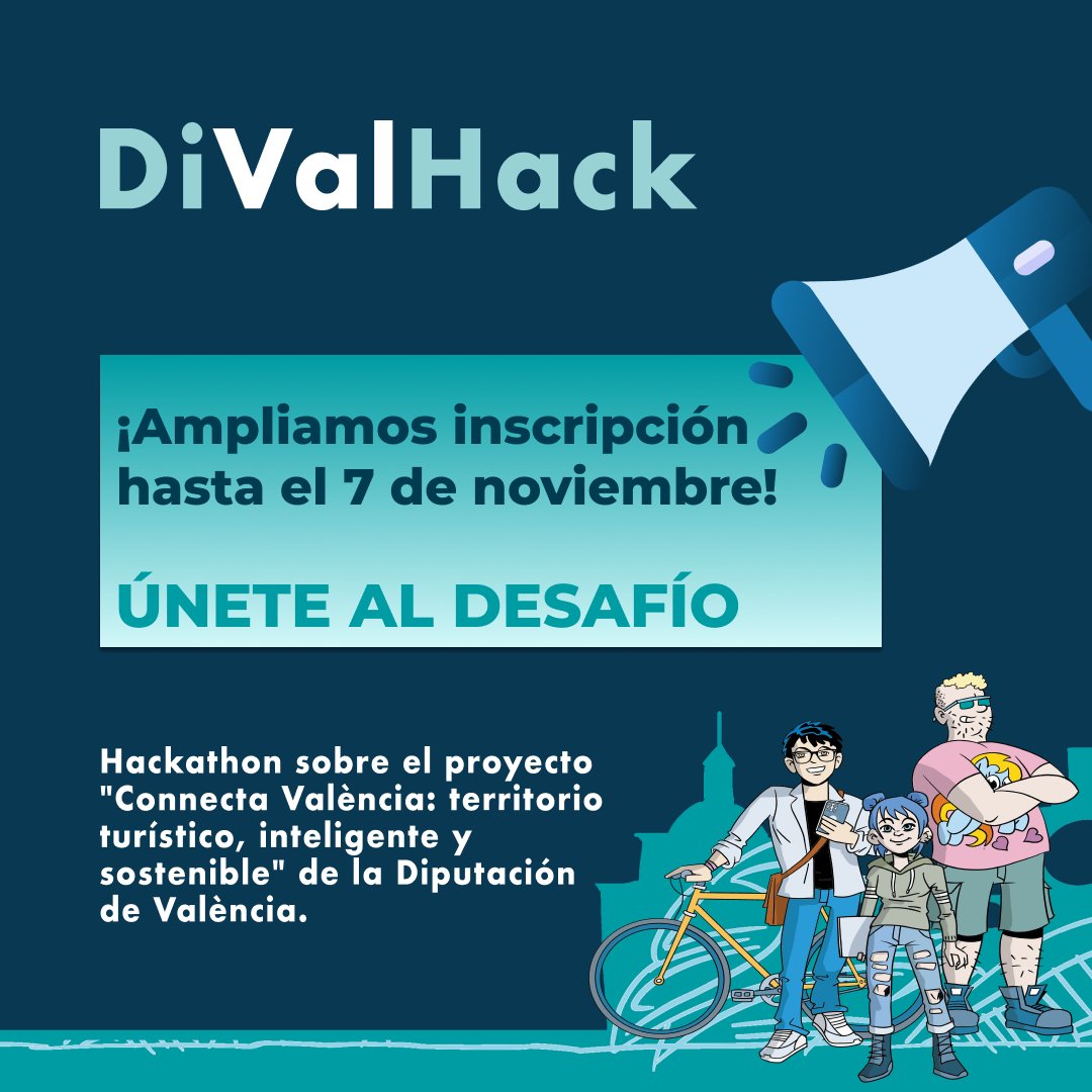 DivalHack's tweet photo. 📢 ¡AMPLIAMOS PLAZO DE INSCRIPCIÓN DE DiValHack AL 7 DE NOVIEMBRE!

Quedan 10 plazas. Únete al desafío y desarrolla en equipo una app para mejorar el desempeño del territorio de la provincia de valencia!

💪 ¡Puedes venir individualmente o en equipo!
✍️ https://t.co/9aybB0vz8a https://t.co/1ww0tdtEFz