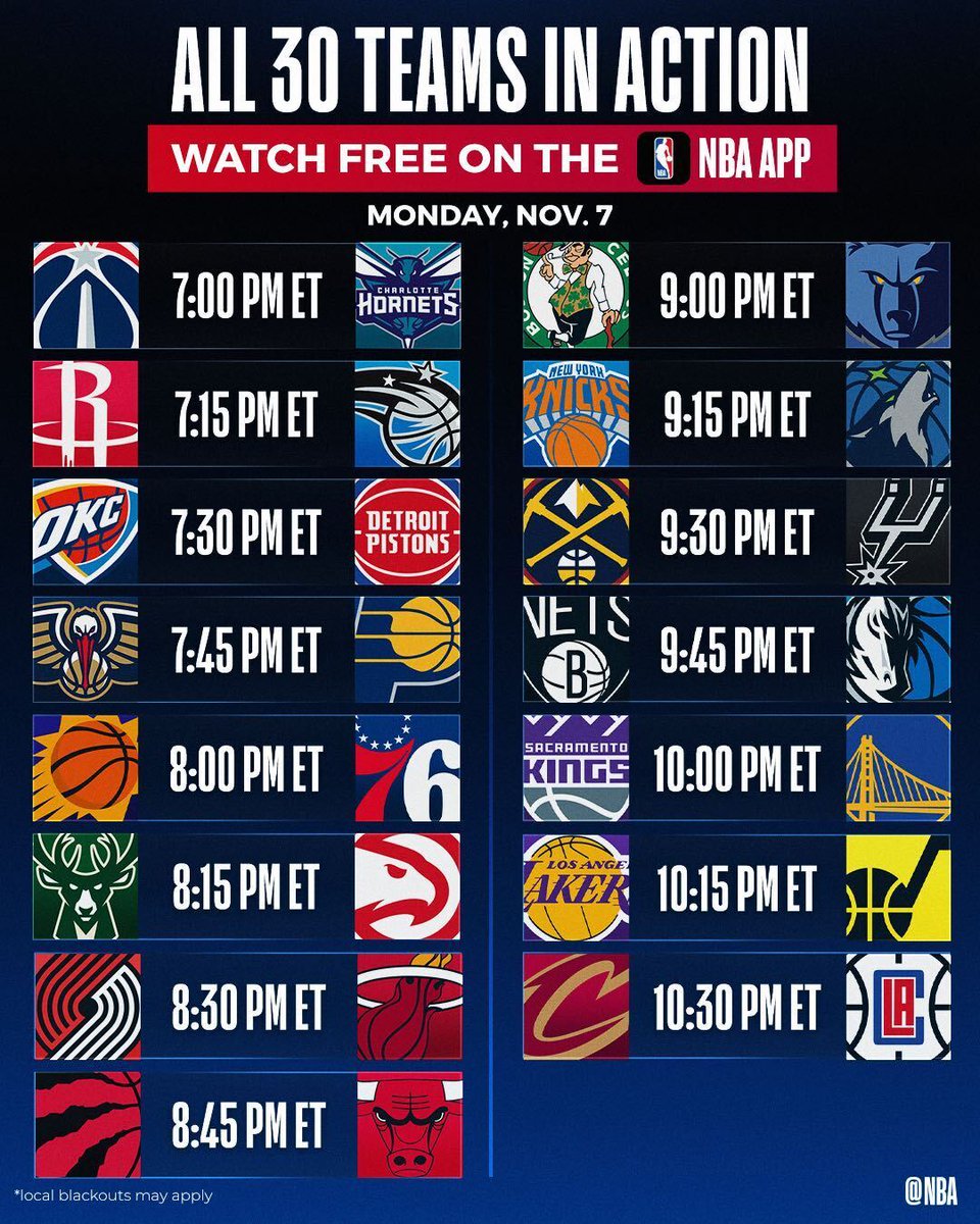 Every team. Every game. All for FREE.

All 30 NBA teams will be in action with 15 games on Monday (11/7) available for free on the new NBA App, with matchups tipping off 15 minutes apart!

Download the NBA App: app.link.nba.com/_11-07_games_t…