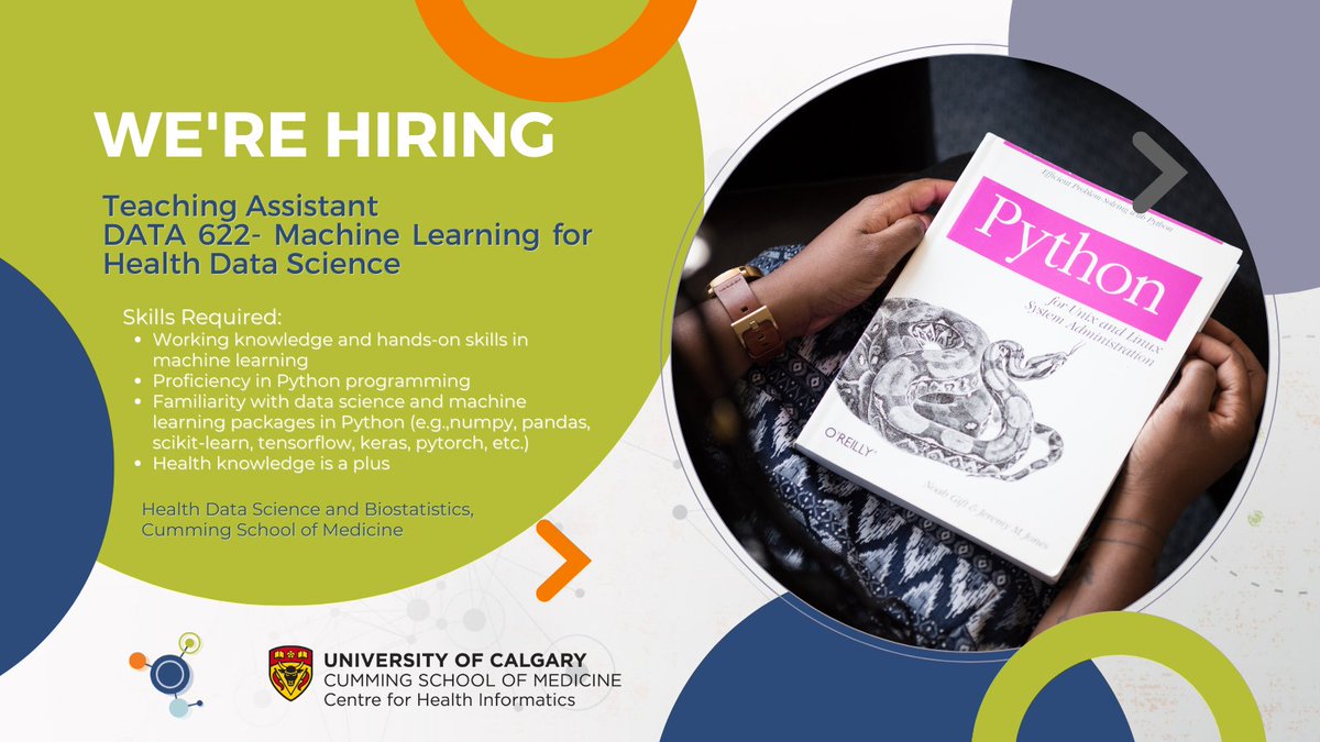 We are hiring! The Health Data Science &amp; Biostatistics Program is looking for a Teaching Assistant for DATA 622: Machine Learning for Health Data Science. 

Please apply to Erin O’Connor at ekoconno@ucalgary.ca with your CV by Nov 15th,2022
