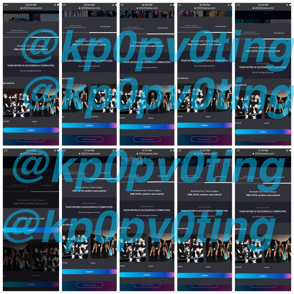 🏆 CONGRATS TO #ENHYPEN #AESPA  🏆
✅ AT LEAST 15 PROOFS GIVEN IN THE POLL 🎉

✅ PROOF OF VOTING ✅ 
🗳 10 PRE-VOTES 
#MAMAVOTE #MAMA2022

The invalid code is due to late confirming of capcha but we check and the confirmation of the acc vote is okay 🙇‍♀️