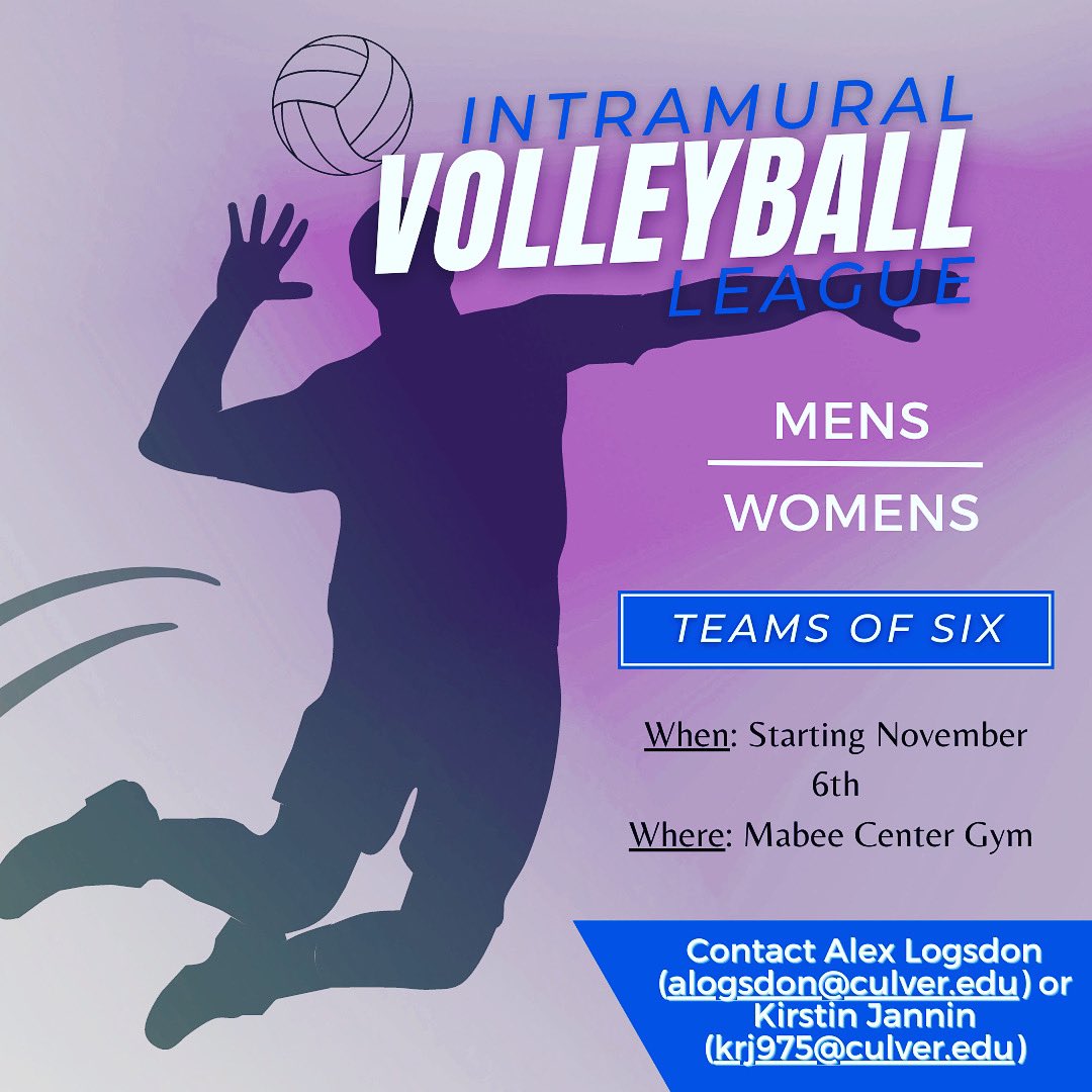 C-SC Mabee Center (@c_scmabeecenter) on Twitter photo Hey Wildcats! Don’t miss the chance to be apart of the IM Sports Volleyball League!🏐A mens, women, and coed league will be open to all students and faculty/staff of C-SC. Email Alex Logsdon (alogsdon@culver.edu) or Kirstin Jannin (krj975@culver.edu) with your team. Hey Wildcats! Don’t miss the chance to be apart of the IM Sports Volleyball League!🏐A mens, women, and coed league will be open to all students and faculty/staff of C-SC. Email Alex Logsdon (alogsdon@culver.edu) or Kirstin Jannin (krj975@culver.edu) with your team.