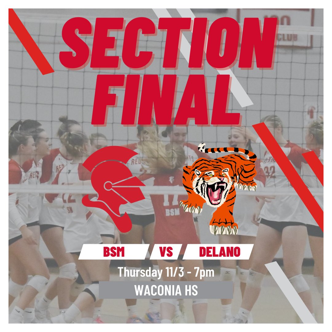IT’S GAME DAY! 
SECTION 6AAA FINAL tonight vs. Delano at Waconia HS! Winner earns a trip to State at the Xcel Energy Center! 
🏐🏐🏐🏐
Game time: 7pm
Theme: Red and White out!
🔴⚪️🔴⚪️
Let’s get as many Red Knights as possible to fill the stands and cheer us on to victory!
