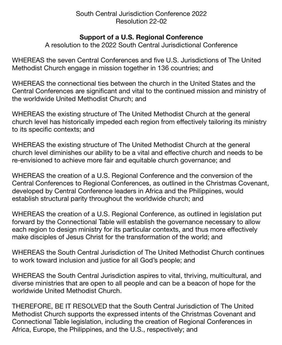 Rev. Kim Jenne of Missouri AC offered a resolution in support of the Christmas Covenant which calls for the creation of regional conferences. Resolution passed 140/24 #scj2022