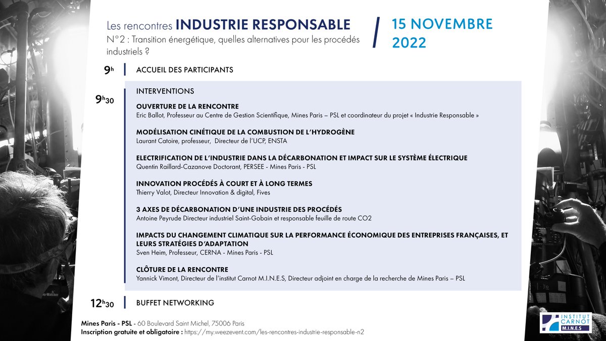 Carnot M.I.N.E.S (@carnotmines) on Twitter photo 📅Retrouvez le programme de la prochaine journée Industrie Responsable
RDV le 15 novembre pour rencontrer des expert.e.s <a href="/carnotmines/">Carnot M.I.N.E.S</a> et des industriels partenaires autour de la transition énergétique des procédés industriels
Inscription ➡️my.weezevent.com/les-rencontres… 📅Retrouvez le programme de la prochaine journée Industrie Responsable
RDV le 15 novembre pour rencontrer des expert.e.s <a href="/carnotmines/">Carnot M.I.N.E.S</a> et des industriels partenaires autour de la transition énergétique des procédés industriels
Inscription ➡️my.weezevent.com/les-rencontres…
