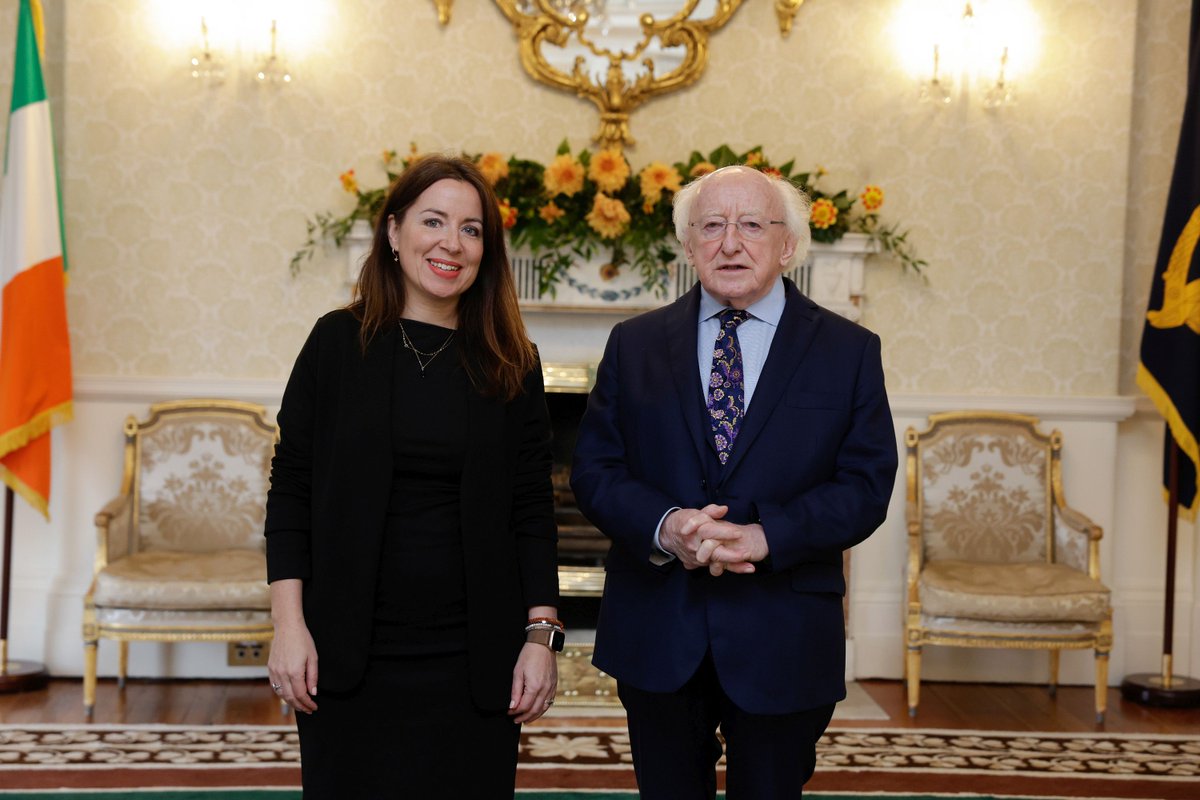 PresidentIRL's tweet photo. This afternoon, President Higgins met with @birchhh, Executive Director of @screendirectors, along with a number of the organisation's board members at Áras an Uachtaráin https://t.co/2GfPv0ksgs
