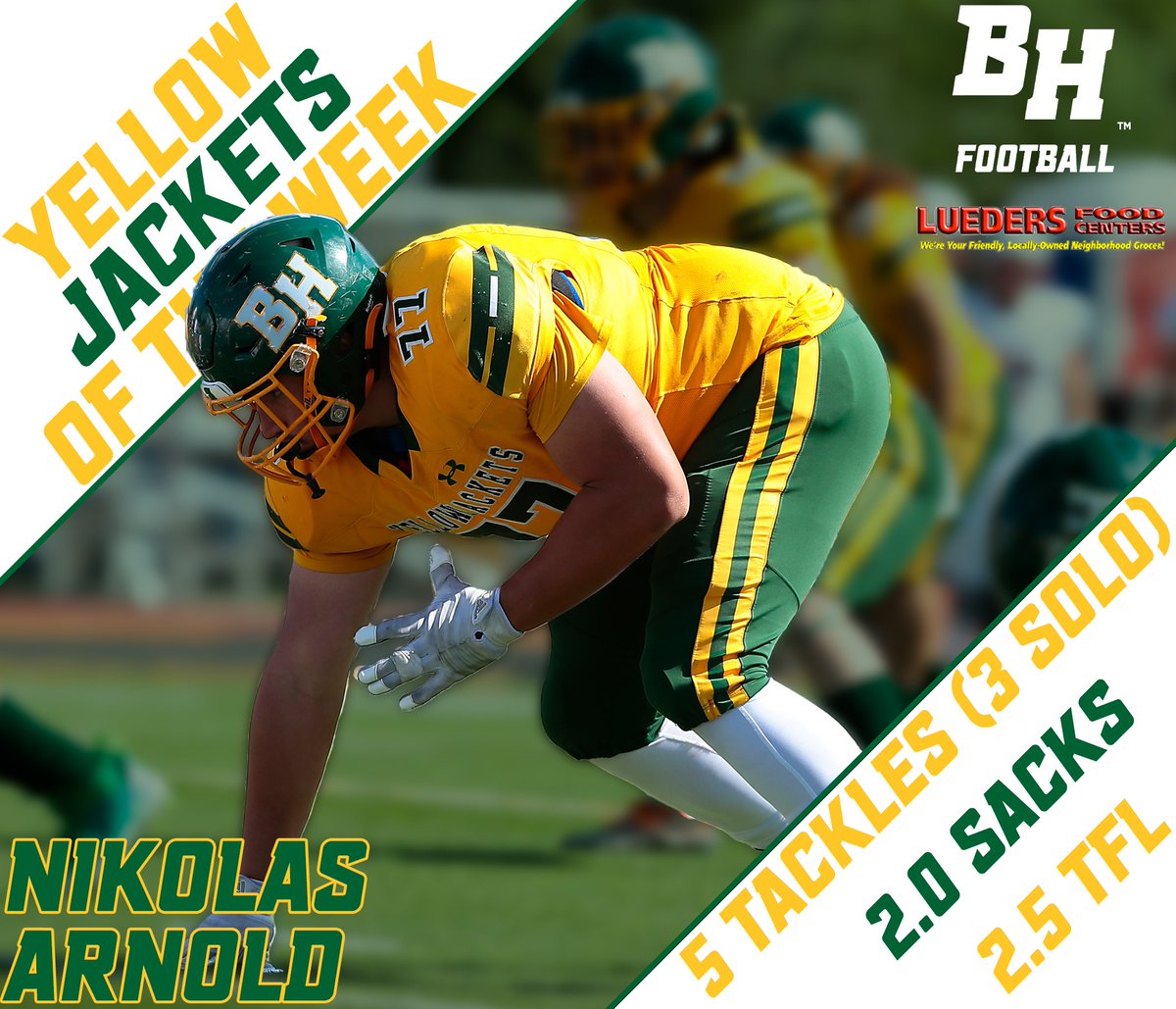 Our Men's Yellow Jacket of the Week, presented by Leuders, is Nikolas Arnold!

Arnold led the defense with five total tackles in Saturday's 75-0 shutout win, and also had a team-high two sacks and 2.5 tackles for loss!!

#ClimbTheHills