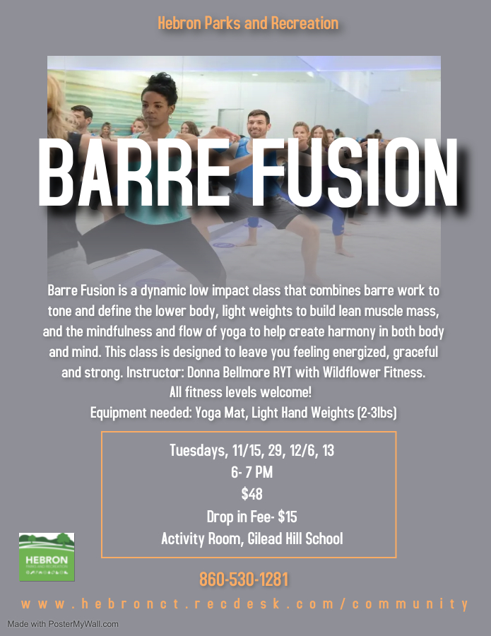 HebronCTRec's tweet image. New Barre and Yoga sessions with Donna Bellmore have been added!  Register now, space is limited.