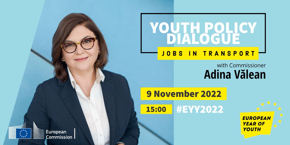 EuropeanYouthEU's tweet photo. On 9 November, Commissioner @AdinaValean will speak with young transport professionals from all over Europe about Jobs in Transport – challenges & opportunities! 🗣️
🔴 Join us live on 9/11 at 15:00 CET
More info ➡️ https://t.co/cXnEJhRW6V
#EYY2022 #IntoEU https://t.co/HOPk23Pjxe