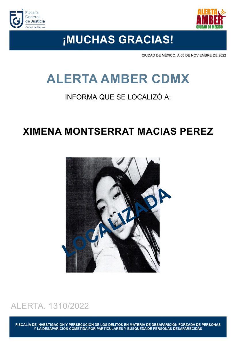 Ha sido localizada la menor, Ximena Montserrat Macías Pérez, agradecemos a la ciudadanía, medios de comunicación e instituciones, se desactiva #AlertaAmber