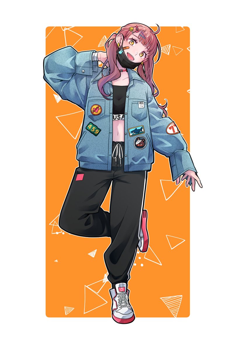 1girl solo pants shoes mask black pants jacket  illustration images