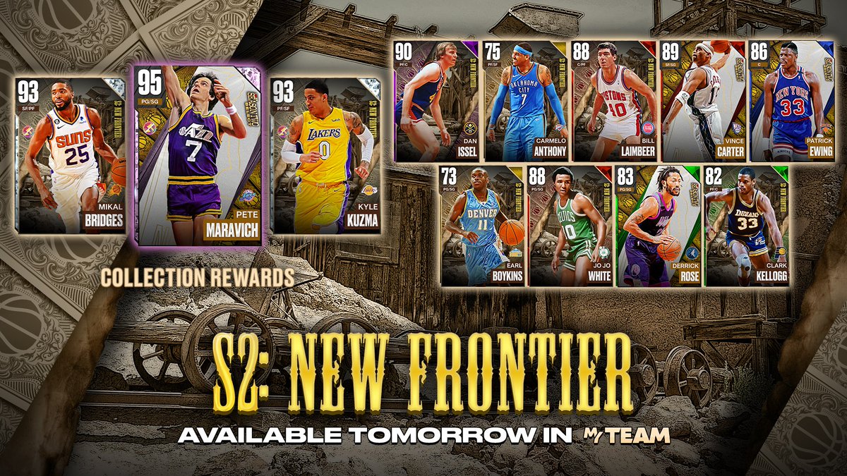 NBA2KMyTEAM's tweet photo. New Frontier cards are coming tomorrow🤠

Get ready for 40 new cards plus 2 Diamond Collection Rewards, Kyle Kuzma and Mikal Bridges! 

Completing the first Season 2 "Select" collection earns you Pink Diamond Pete Maravich 🔥 https://t.co/8rBv6ouoSa