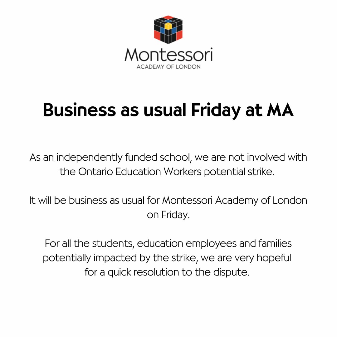As an independently funded school, we are not involved with the Ontario Education Workers strike. 

It will be business as usual for MA on Friday.

For all those potentially impacted by the strike, we are hopeful for a quick resolution to the dispute.