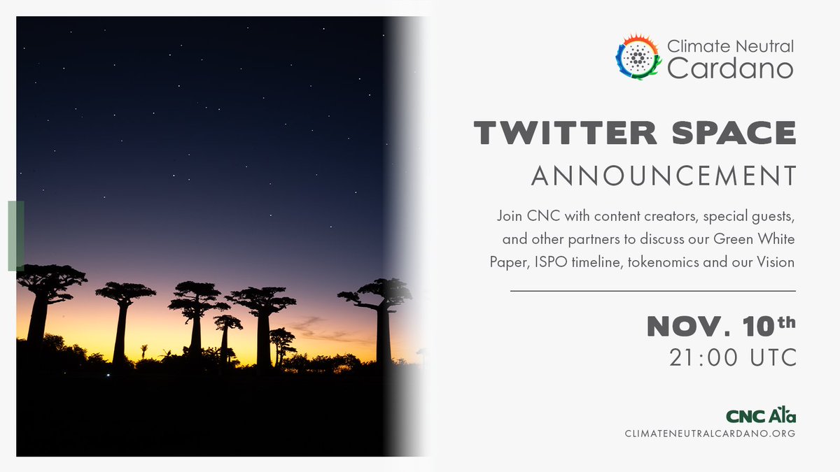 Climate Neutral Cardano (@cncardano) on Twitter photo #CardanoCommunity have you heard about our reforestation project #CNCAla? If you’d like to know more, join our TwitterSpace as we delve deeper into the Green Whitepaper for this upcoming #ISPO
🌿Join us with our Co-Hosts @BullionS20 <a href="/Cardano4Climate/">Cardano4Climate, Cardano & Project Catalyst Impact</a> <a href="/stakeSHIFTteam/">SHIFT Pool - Climate Action</a> & <a href="/RcadaPool/">Rick (RCADA) | Cardano SPO & Drep 🇿🇦🇬🇧</a> #CardanoCommunity have you heard about our reforestation project #CNCAla? If you’d like to know more, join our TwitterSpace as we delve deeper into the Green Whitepaper for this upcoming #ISPO
🌿Join us with our Co-Hosts @BullionS20 <a href="/Cardano4Climate/">Cardano4Climate, Cardano & Project Catalyst Impact</a> <a href="/stakeSHIFTteam/">SHIFT Pool - Climate Action</a> & <a href="/RcadaPool/">Rick (RCADA) | Cardano SPO & Drep 🇿🇦🇬🇧</a>