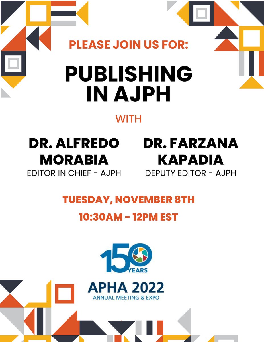 Want to learn all about publishing in AJPH? 

Tomorrow, join EIC <a href="/alfredomorabia/">Alfredo Morabia</a> in discussion with Deputy Editor <a href="/ajphdeputyed/">Farzana Kapadia</a> at the <a href="/APHAAnnualMtg/">APHA's Annual Meeting & Expo</a> in Boston.

Where: Room 257B in the Boston Convention &amp; Exhibition Center

#APHA2022