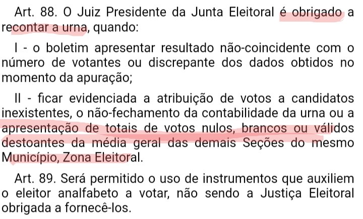 A Lei 9504/97 determina a RECONTAGEM em 2 hipóteses. Uma se encaixa perfeitamente nos casos de seções onde Bolsonaro teve zero votos, mesmo em ZE's de municípios onde ele ganhou.⬇️