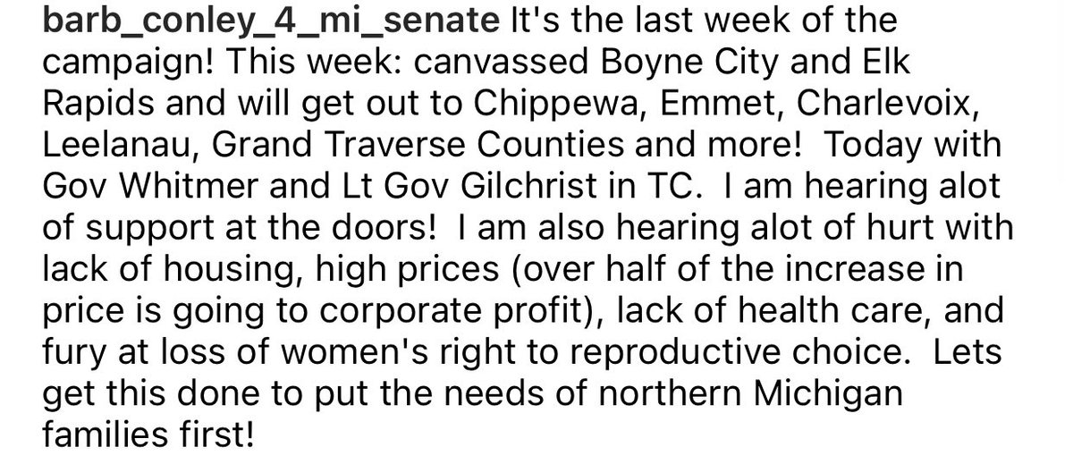 votebarbconley's tweet photo. It's the last week of the campaign! This week: canvassed Boyne City and Elk Rapids and will get out to Chippewa, Emmet, Charlevoix, Leelanau, Grand Traverse Counties and more! https://t.co/oY6OIhQvvi