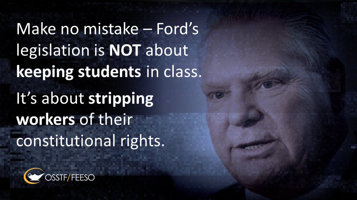 Ford govt's completely unnecessary, heavy-handed legislation against <a href="/osbcucscso/">OSBCU-CSCSO</a>'s ed workers is appalling!

Make no mistake – this legislation &amp; use of notwithstanding clause is NOT to keep students in class. It's about stripping workers of their rights. 

#OntEd #OnPoli #OSSTF