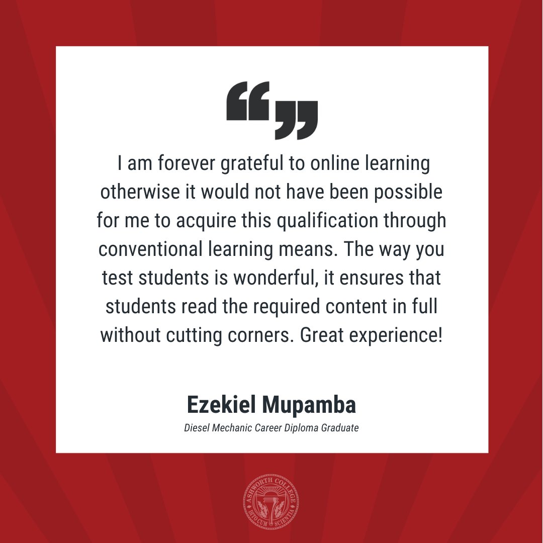 AshworthCollege's tweet photo. Way to go, Ezekiel, and thank you for your kind words! Knowing our program helped you reach your goals means the world to us at Ashworth. #AWAchieve #2022Grad 🎓
Ezekiel earned his diploma with Ashworth on his terms. Ready to do the same? https://t.co/q5bRKcJCYD https://t.co/k6dQs8n2R0