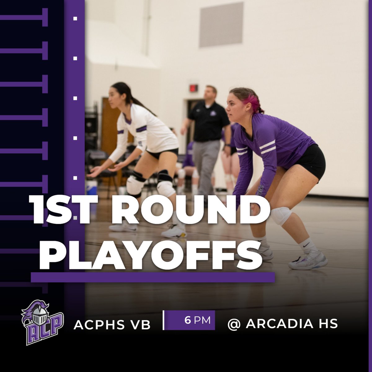 ACPAthletics's tweet photo. Come out and support your Lady Knights tonight at Arcadia High School for the 1st round of playoffs!! @acpknightsvb #ACPVB #GOKNIGHTS https://t.co/g2atq6aW2G