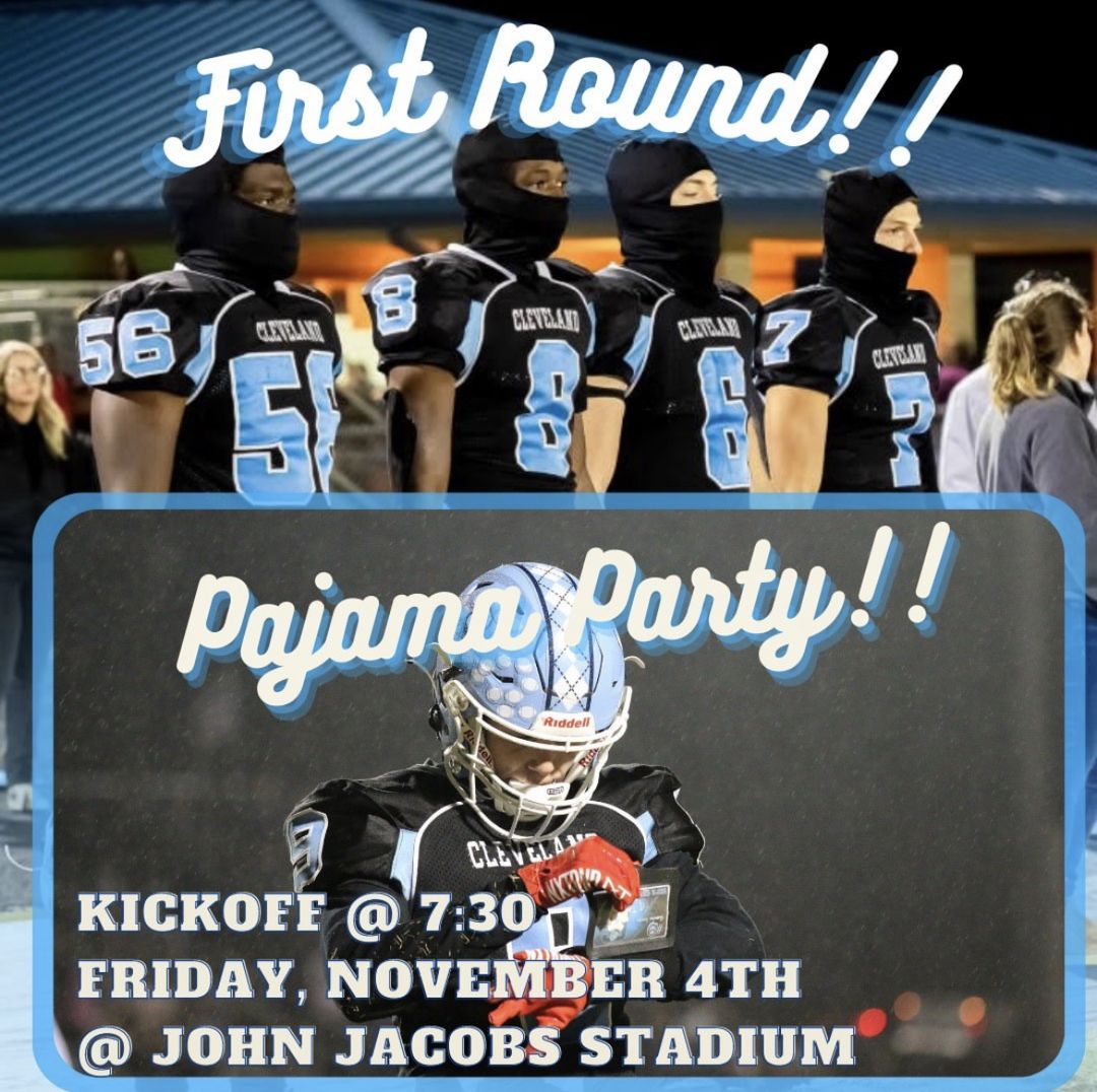 We are having a Pajama Party tomorrow!!! Everyone is invited you just need to show up in your pj's and cheer our Rams on in the first round of the state playoff's!!! All tickets can be purchased via Ticketspicket. Gates open at 6:00 and kickoff is at 7:30