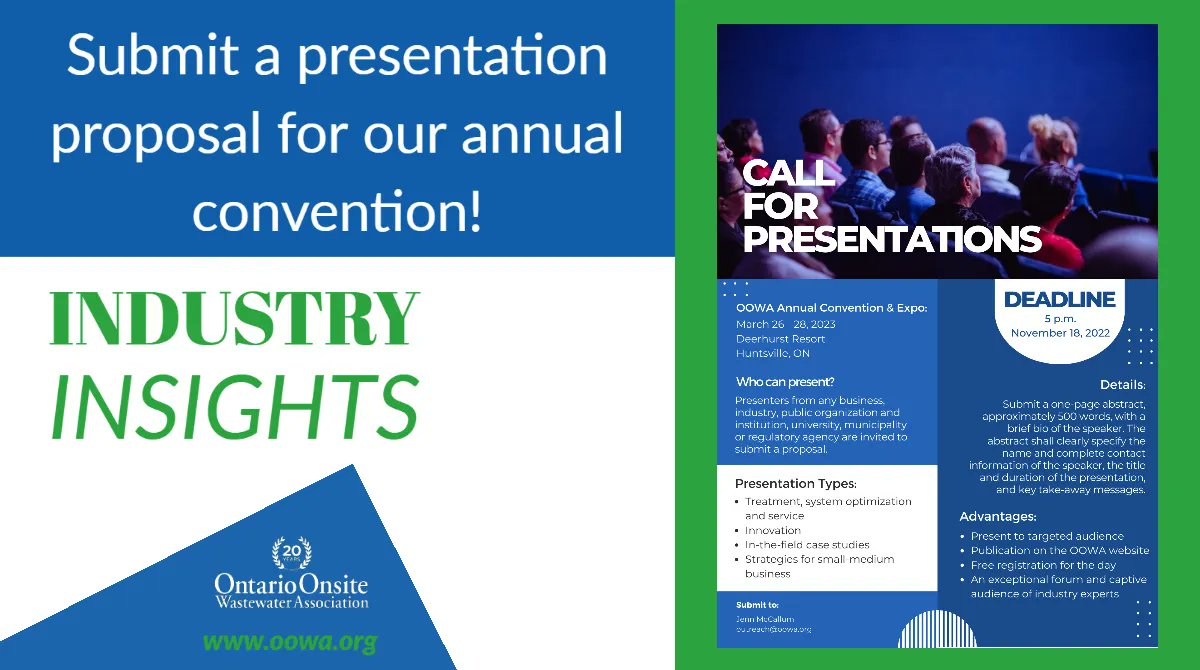 Onsite #wastewater pros: Propose a presentation for our annual convention by 🚩 Nov. 18 🚩 ; details here: buff.ly/3c8FnRc Presenters attend that day of the convention at no #cost! <a href="/OntarioSeptic/">Ontario Septic</a> <a href="/OBOA_Office/">OBOA</a> <a href="/WaterlooBiofilt/">Waterloo Biofilter</a> <a href="/CrozierEngineer/">Crozier: Consulting Engineers</a> <a href="/RideauValleyCA/">RVCA</a> <a href="/SepticCheck/">SepticCheck</a>