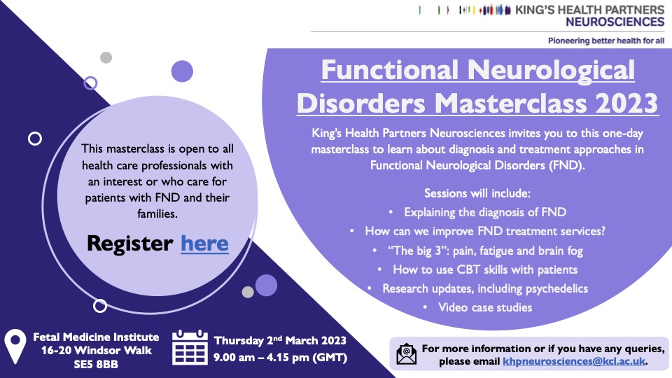 📣Functional Neurological Disorders (FND) Masterclass 2023

Welcome back to our annual face-to-face #FND Masterclass! Join us on 2nd March for a day of talks from experts in the field &amp; learn about diagnosis &amp; treatment approaches in FND.

Register here 👉eventbrite.co.uk/e/functional-n…