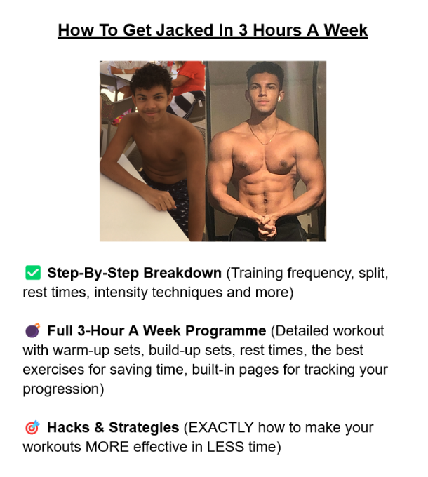 Every skinny guy can get jacked by working out just 3 hours a week.

How? I put together a doc with all the secrets:
 
- Full 3-Hour A Week Program
- Step-By-Step Breakdown
- Hacks &amp; Strategies
 
Retweet + Comment "Send" and I'll DM it to you for free.
 
(Follow so I can DM you)