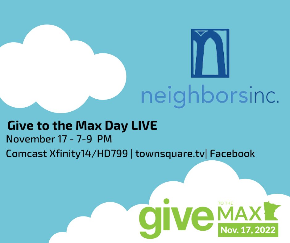 We will have Scott and Charlie from <a href="/NeighborsInc/">Neighbors, Inc.</a>  in our studio LIVE on our Give to the Max Day show! Neighbors, Inc. helps provide opportunities for their neighbors to thrive by connecting volunteers to people in need. #GTMD22 givemn.org/organization/N… 
givemn.org/organization/T…