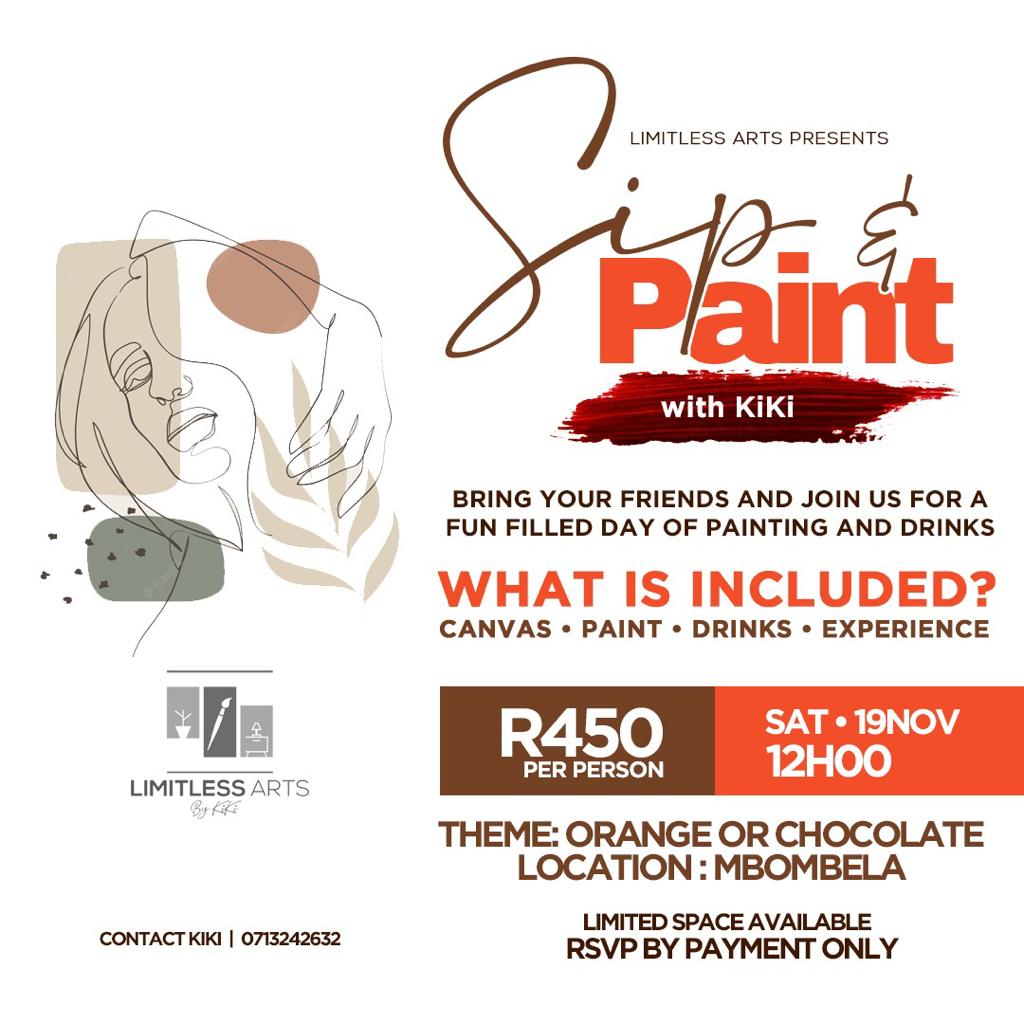 LimitlessArts_'s tweet photo. Enjoy the finer things in life, join us for a day in the lost city with sensual Music 🎶, birds chirping, a lot of Paint 🎨&amp; a lot of Drinks🍷. 

Let's #SIPNPAINTWITHKIKI !
📆 19 Nov 2022
🎫 R 450.00 
👗: Orange or Chocolate 
📞 : KIKI - 071 324 2632
#PAKvsSA https://t.co/saQAfWqzhw