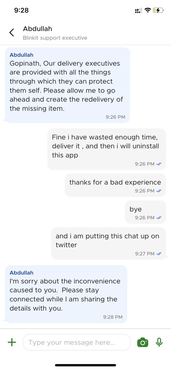 srrivatsan's tweet photo. @letsblinkit You guys should have more compassion towards your delivery executives. You would rather put your delivery executive through heavy rains in chennai but rather do a partial refund of 22Rs?
My very first order with blink it now #uninstalled app and never using it again https://t.co/EFNB7DlGMH