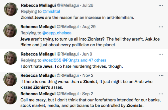 Rebecca Mellagui (@RMellagui) is a fanatically antisemitic home-care nurse from Charleston who roams around Twitter harassing and abusing Jews. It's worrying enough that this antisemite is a nurse, but even more worrying to think she might have Jewish patients. @AmedisysInc