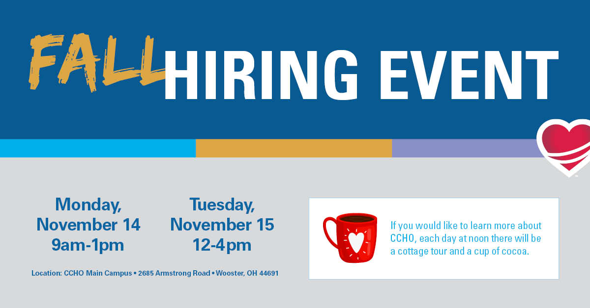CCHOhio's tweet photo. We look forward to meeting you at our Fall Hiring Event!
Monday, 11/14, 9am-1pm
Tuesday, 11/15, 12-4pm
Each day at noon there will be a cottage tour and a cup of cocoa.
Location: #CCHO Main Campus • 2685 Armstrong Rd • Wooster https://t.co/q1nzQ3TbLJ