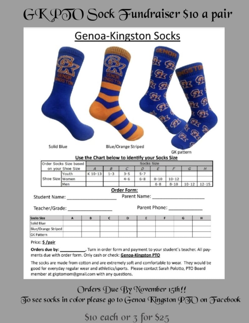 Chilly weather is headed our way — why not warm-up with some #GKCogs-inspired footwear from the Genoa-Kingston PTO? Check out the awesome selection of socks below!