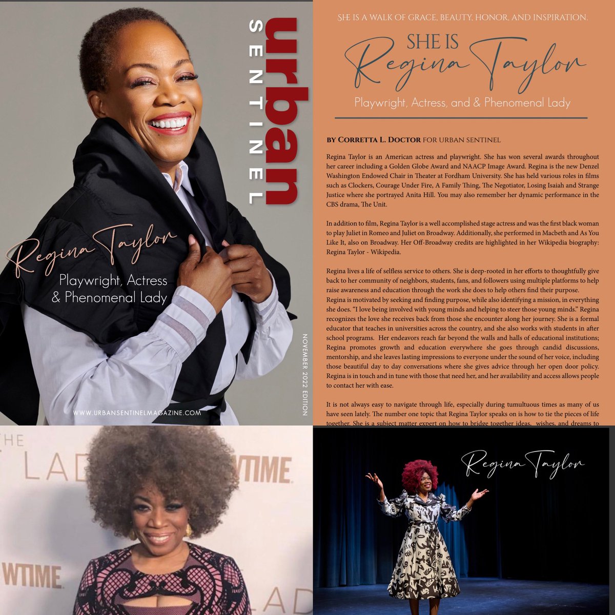 Please check out Regina Taylor in this month’s edition of The Urban Sentinel Magazine. urbansentinelmagazine.com   #reginataylor #naccpimageawards #actress #actor #movies #goldenglobes