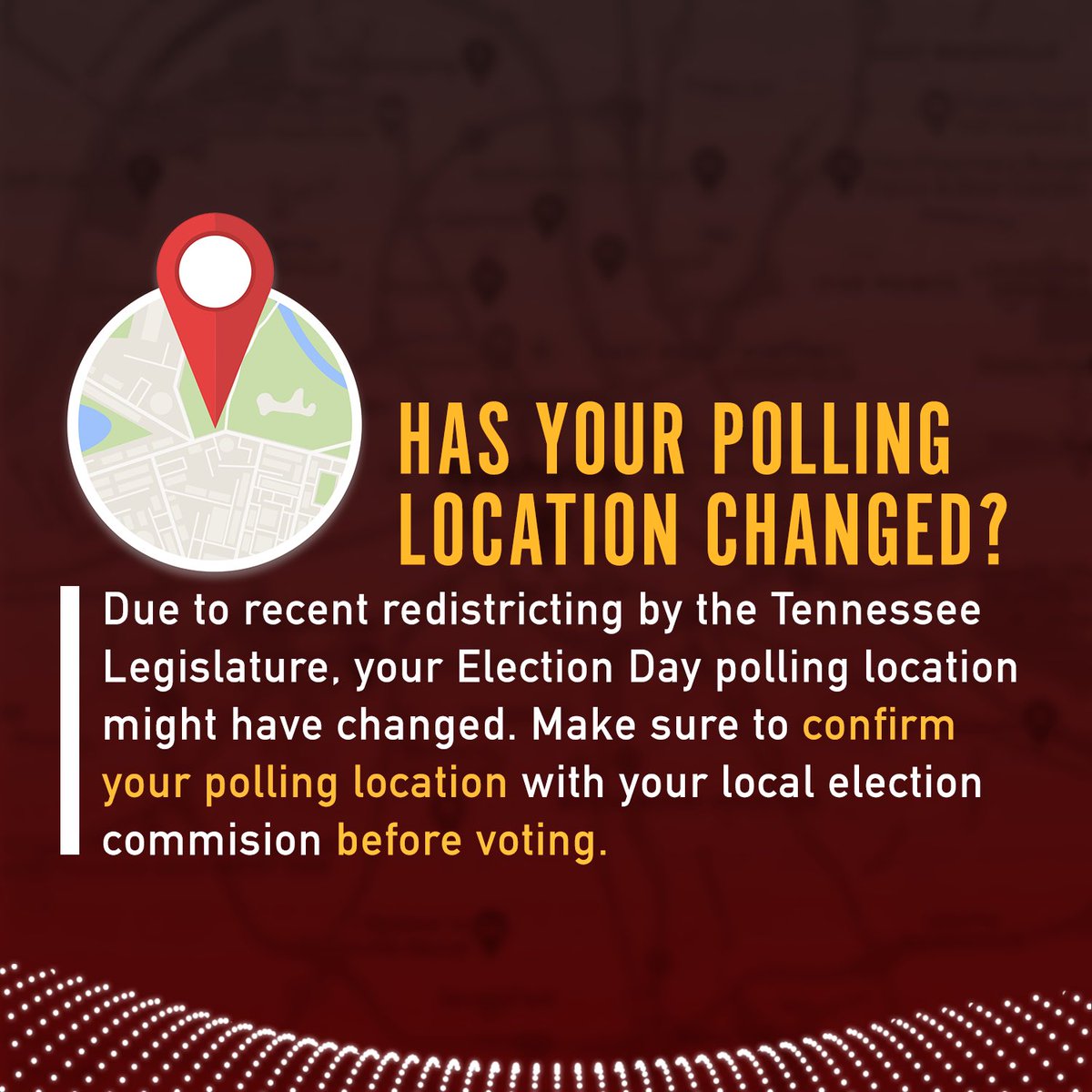 CivicTN's tweet photo. TN Voters! Due to recent redistricting by the State Legislature, your Election Day polling location might have changed!

Make sure to confirm your polling location before voting! You can confirm by visiting https://t.co/TTWyvR7537. ✅ #CountMeInTN https://t.co/LgnMbGJakO