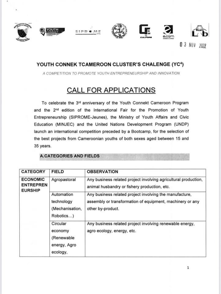 SipromePTS's tweet photo. YOUTH CONNEKT CAMEROON CLUSTER’S CHALLENGE 2022 (YC4 2022)

To celebrate the 3rdanniversary of the Youth Connekt Cameroon Program and the 2nd edition of the International Fair for the Promotion of Youth Entrepreneurship (SIPROME-Jeunes)
1/ https://t.co/WclmYvHdFm