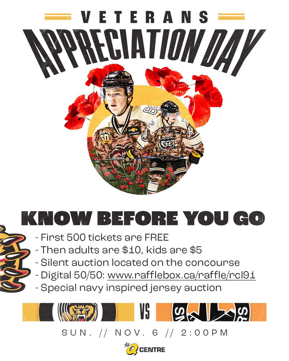 BCHLGrizzlies's tweet photo. The Victoria Grizzlies host the @BCHLSmokeEaters Sunday, November 6 for Veterans Appreciation day.

Lots of fun activities for the family, come out and support the Grizzlies and the Legion!

Get your tickets at https://t.co/3qWFE1rBIn

#BCHL #Westshore #Veteransgame #Legion https://t.co/6Et5A36SdP